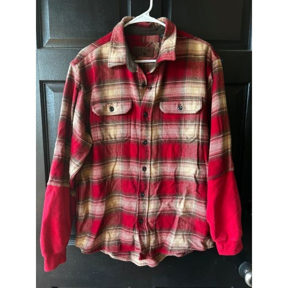 Orvis shacket flannel shirt jacket, 2fer red fleece sleeves men's L
